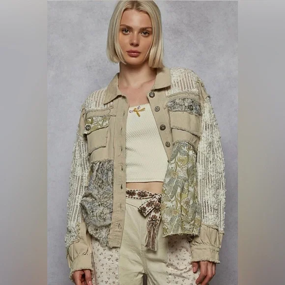 NEW POL Stylish Powder Grey Patchwork Jacket Size Small - Picture 1 of 3